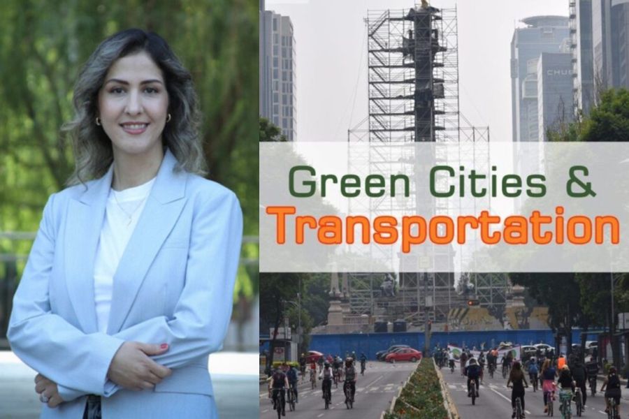 Ladan Mozaffarian with the cover of Green Cities and Transportation.