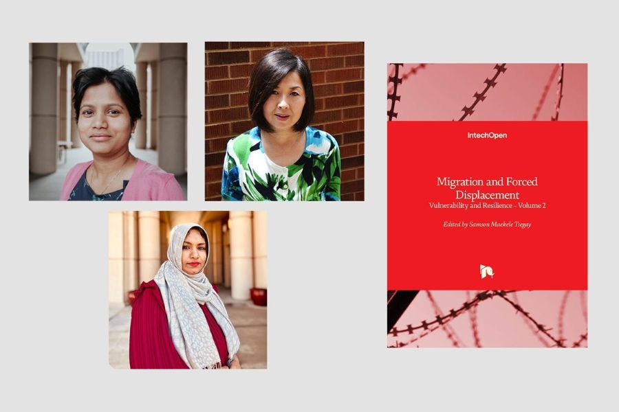 Suchi Bhattacharjee, Chie Noyori-Corbett, and Salma Akter with the Intech Open book "Migration and Forced Displacement - Vulnerability and Resilience - Volume 2" edited by Samson Maekele Tsegay.