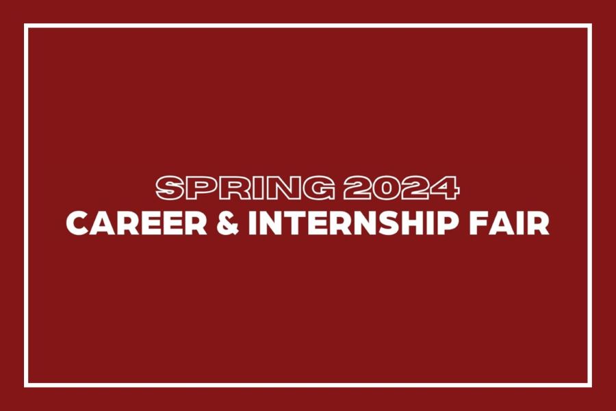 The text "Spring 2024 Career & Internship Fair" on a crimson background.