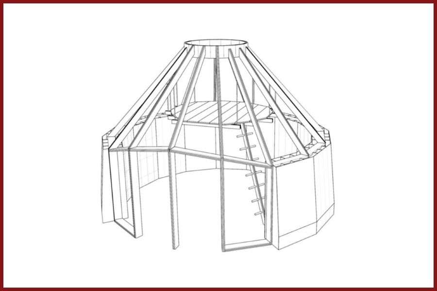 A diagram Mickey Muennig's conical two-level studio.