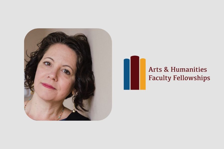 Stephanie Pilat with the logo for the O U Arts and Humanities Faculty Fellowship.