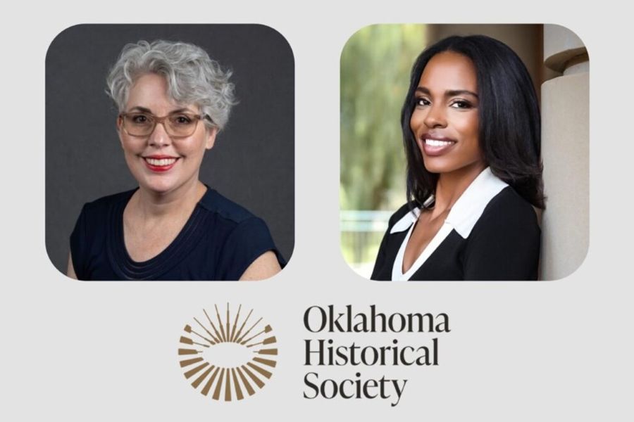 Lisa Chronister and Vanessa Morrison with the logo for the Oklahoma Historical Society.