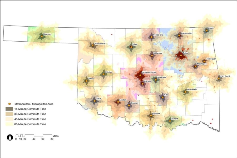 A map of Oklahoma showing metropolitan and micropolitan areas and polygons representing 15-minute, 30-minute, 45-minute, and 60-minute commutes.