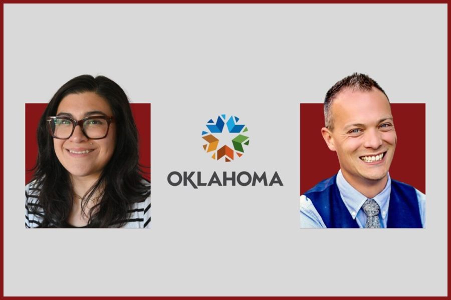 Giselle Walker and Jeremy Crites with the State of Oklahoma logo.