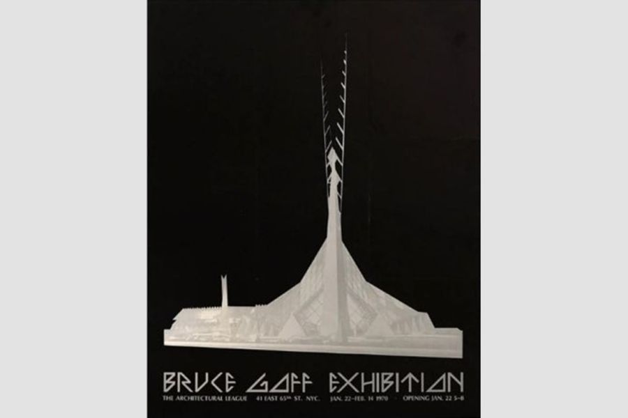 A poster for the 1970 Bruce Goff Exhibition, featuring a model of Goff's unbuilt Crystal Chapel.
