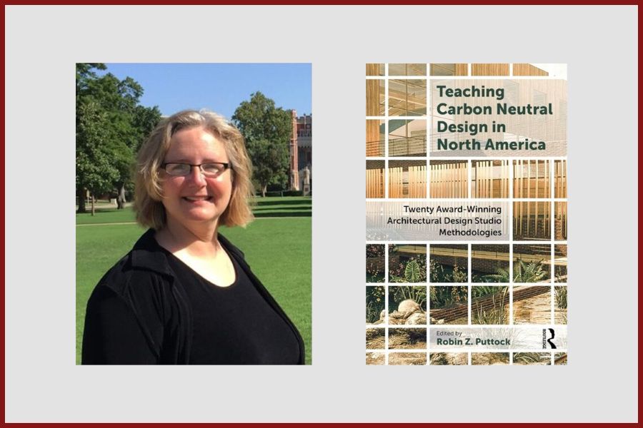 Lee Fithian with the cover of Teaching Carbon Neutral Design in North America: Twenty Award-Winning Architectural Design Studio Methodologies, edited by Robin Puttock.