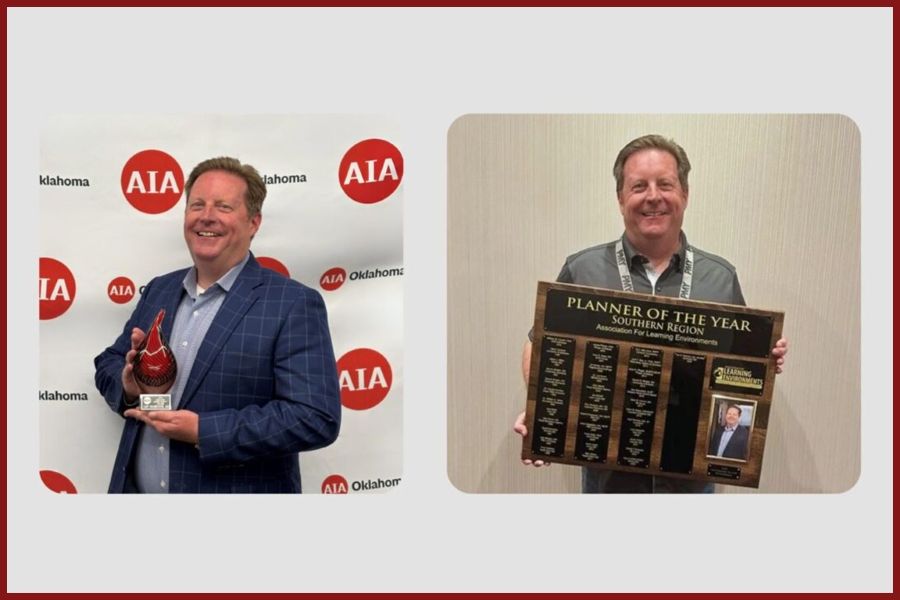 Two pictures of Gary Armbruster holding awards.