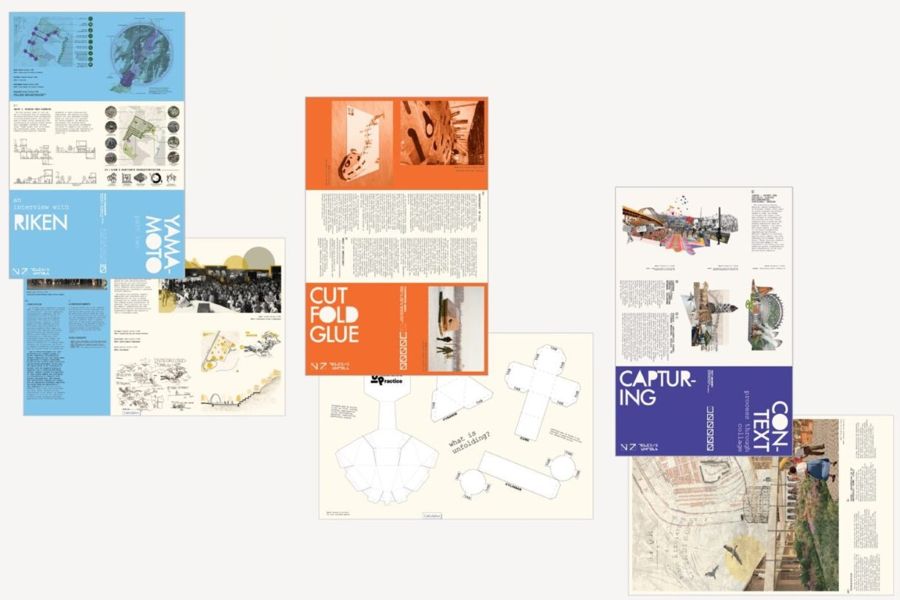 Six pages from Telesis: Unfold shown on a beige background. One page is blue and shows the headers "Riken" and "Yamamoto." One page is orange and shows the header text "Cut Fold Glue." One page is purple and shows the text "Capturing Context."