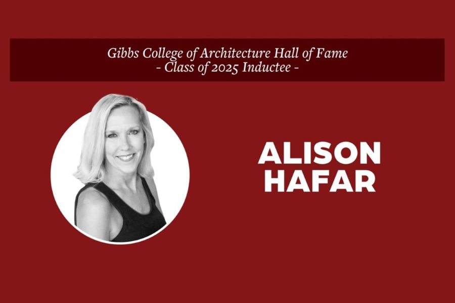 Alison Hafar with the text "Gibbs College of Architecture Hall of Fame Class of 2025 Inductee".