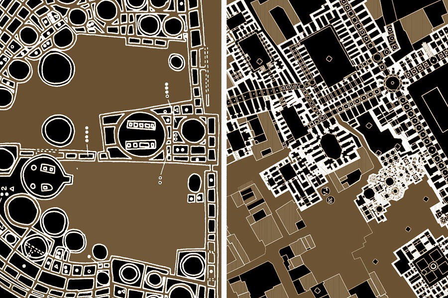 Renderings of Pueblo Bonito, Chaco Canyon, New Mexico and Ganjali Khan Complex, Kerman. Iran, two desert complexes responding to similar climatic challenges. 