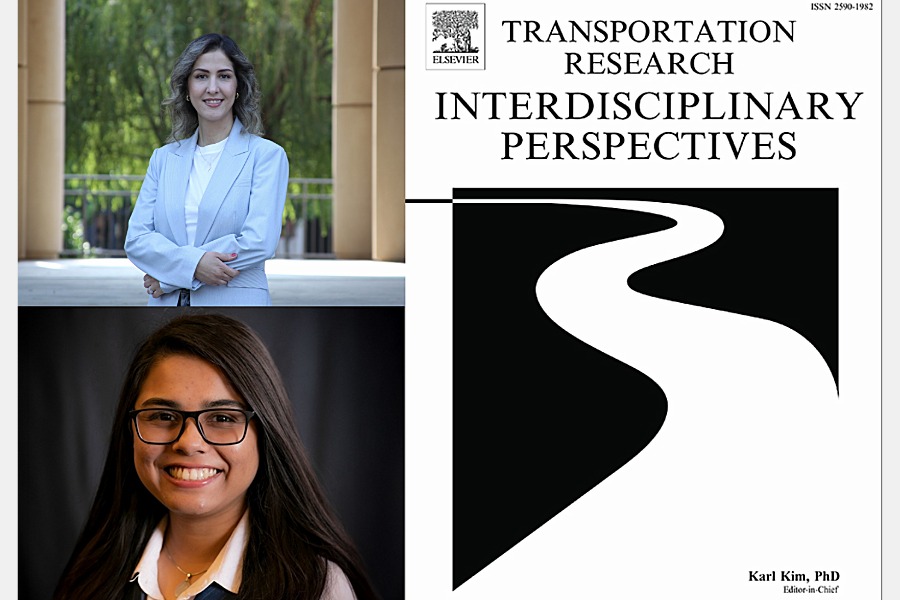 Graphic with Ladan Mozzafarian and Tahsin Tabassum photo and the cover of Transportation Research Interdisciplinary Perspectives publication. 