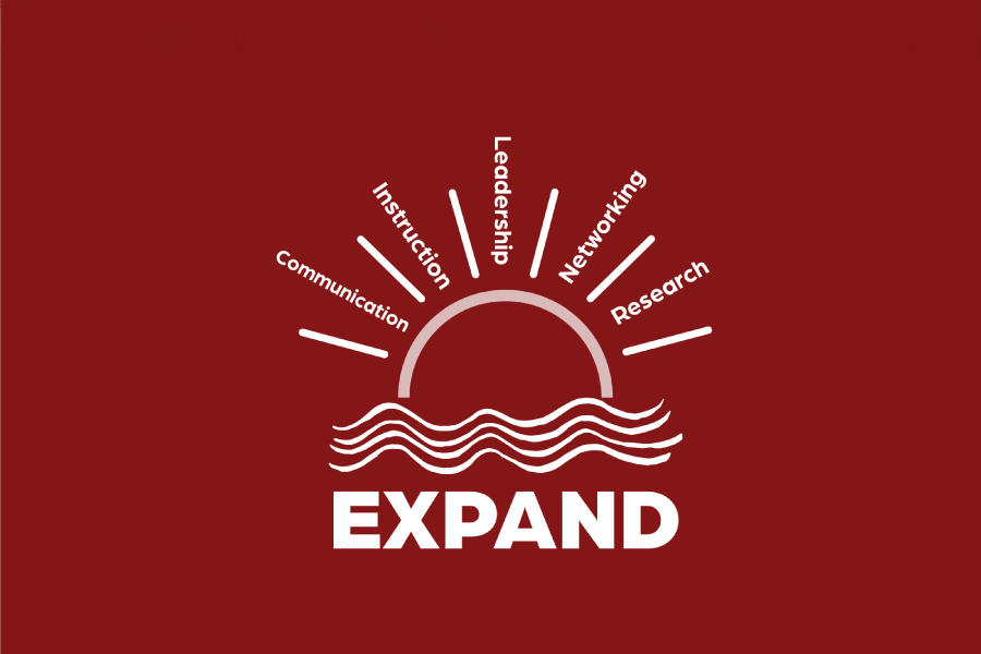 Crimson and cream EXPAND logo highlighting five microcredentials communication networking leadership instruction and leadership