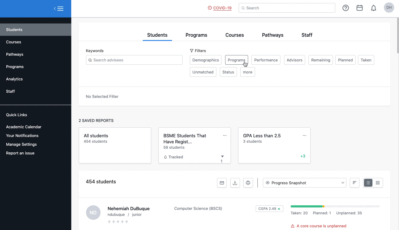 The cursor selects programs, types the program of interest in the search bar, and then searches for specific courses remaining in another filter option