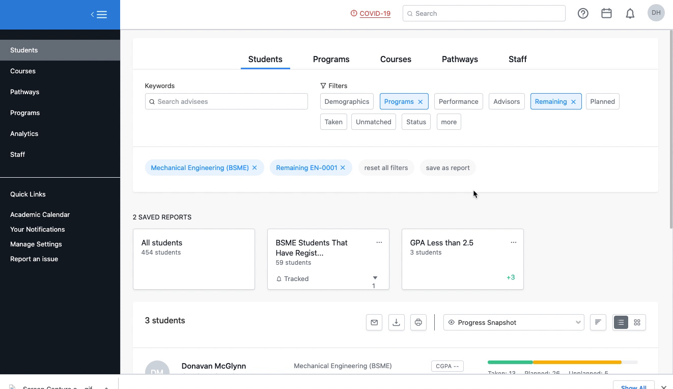 Selecting the save report as option, titling the new report, selecting the option to track changes, and saving the report