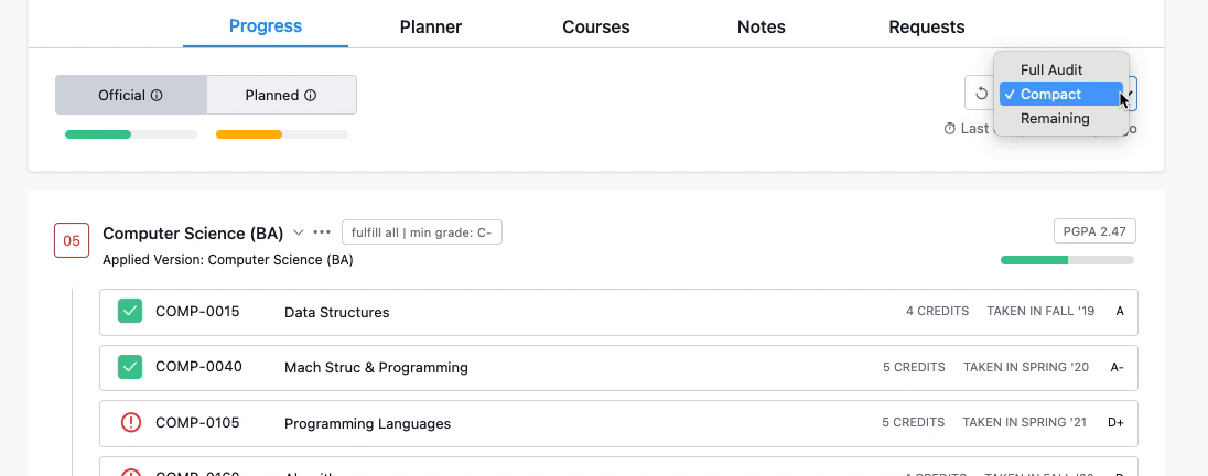 the option to view the compact or full audit is available as a dropdown on the right side