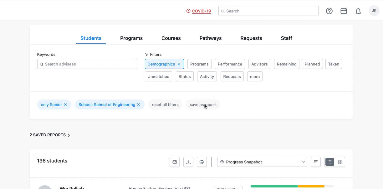 The cursor is naming the new report senior engineering and selecting the track changes option before saving the report