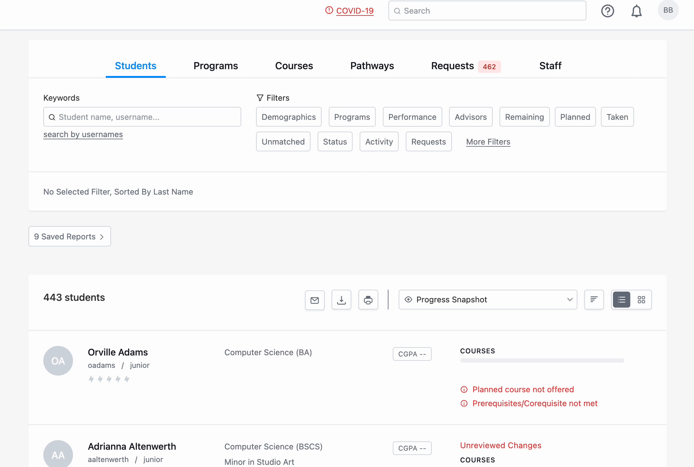 walkthrough showing a cursor clicking on search by usernames, entering student usernames, and being shown a shortened list based on the search