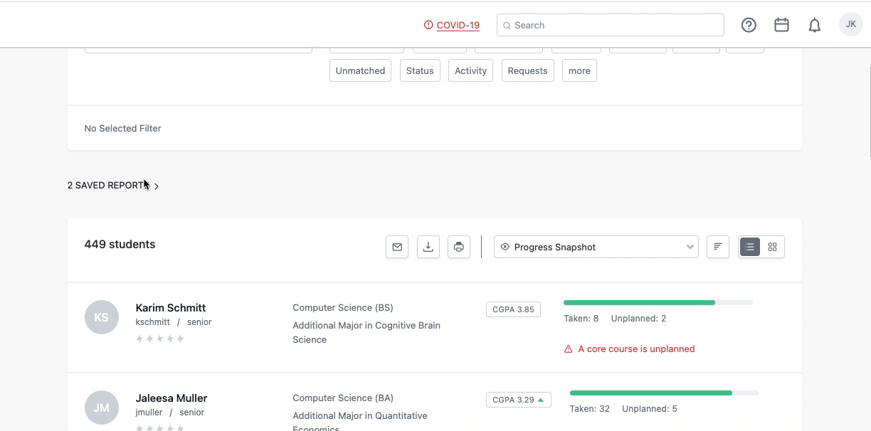 the cursor selects the save report drop down and then selects the saved report the user report