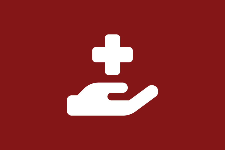 A white hand holding a plus icon on a crimson background.