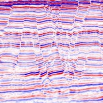 Red and blue horizontal lines representing seismic data.