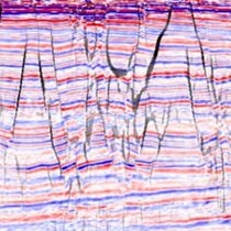 Red and blue stripes with black faults.