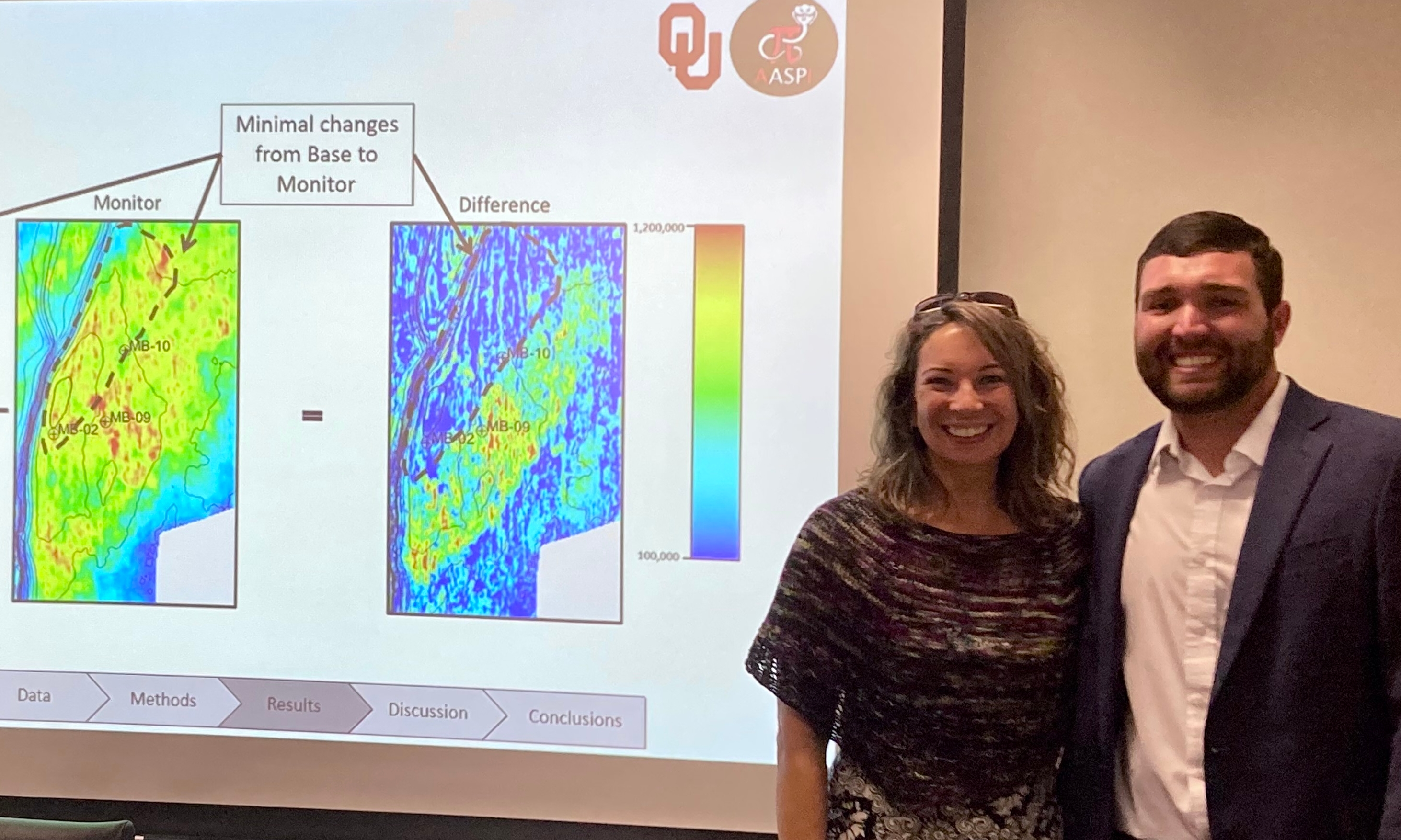 Evan and Dr. Bedle standing in front rainbow colored images of his research.