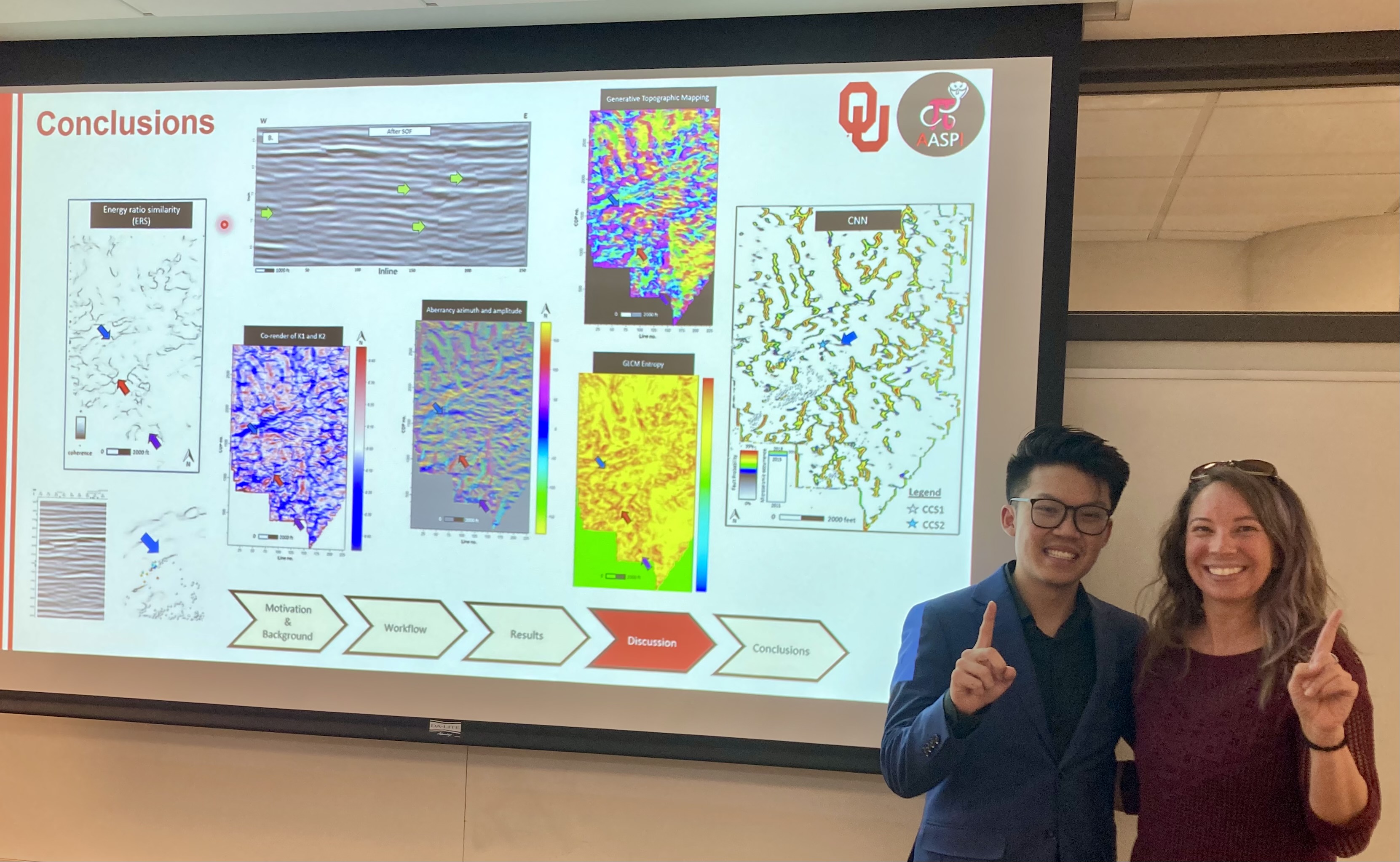 Hy Tran and Dr. Bedle standing in front rainbow colored images of his research.