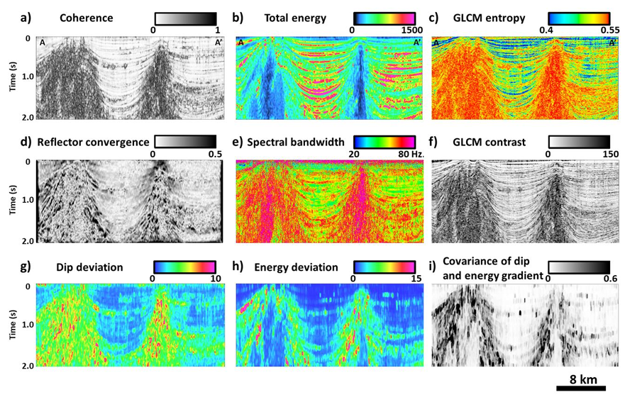 Nine siesmic attributes over salt domes in the Gulf of Mexico.