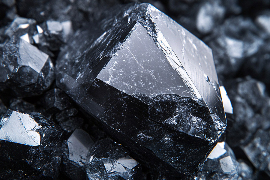 Various sized black rocks with one large one in the center with light reflecting off the many angles.