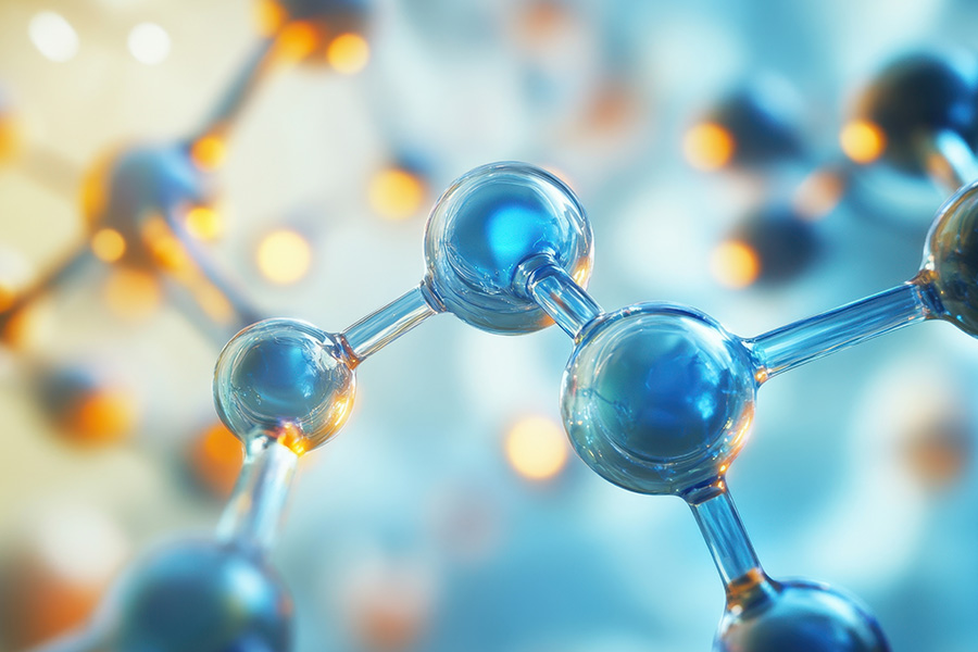 Blue molecules linked by semi-transparent tubes, set against an aqua blue and light tan background.