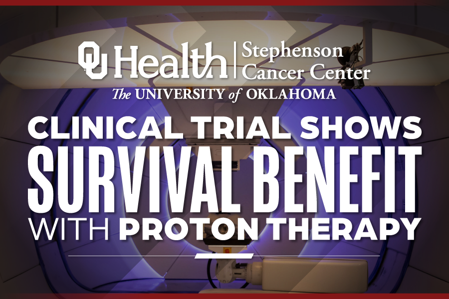 A graphic that reads "clinical trial shows survival benefit with proton therapy."