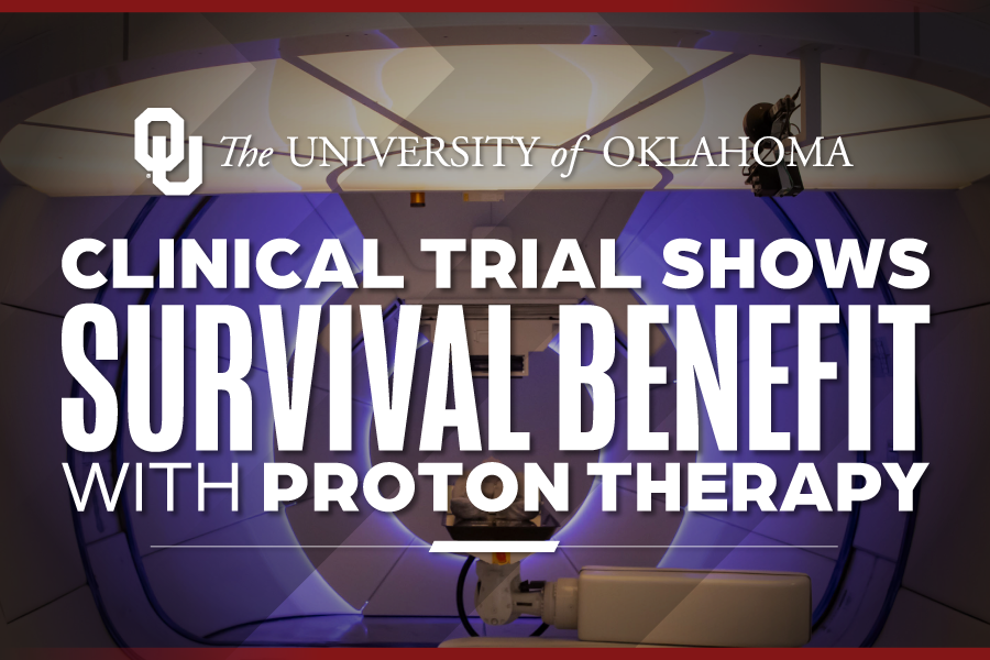 A graphic that reads "clinical trial shows survival benefit with proton therapy."