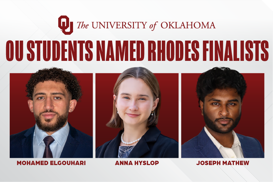 Graphic displaying three student portrait photos that reads: "OU Students Named Rhodes Finalists"