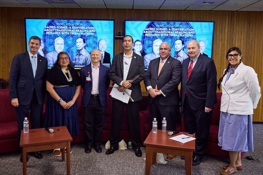 From left, Shawn Terry (Muscogee (Creek) Nation), Vanessa Hiratsuka (Diné/Winnemem Wintu), Mark Doescher, Chris Tall Bear (Southern Cheyenne), Jeff Fife, (Muscogee (Creek) Nation), Gary Raskob and Tana Fitzpatrick (Sioux/Crow/Ponca/Chickasaw). Photo by Jonathan Kyncl