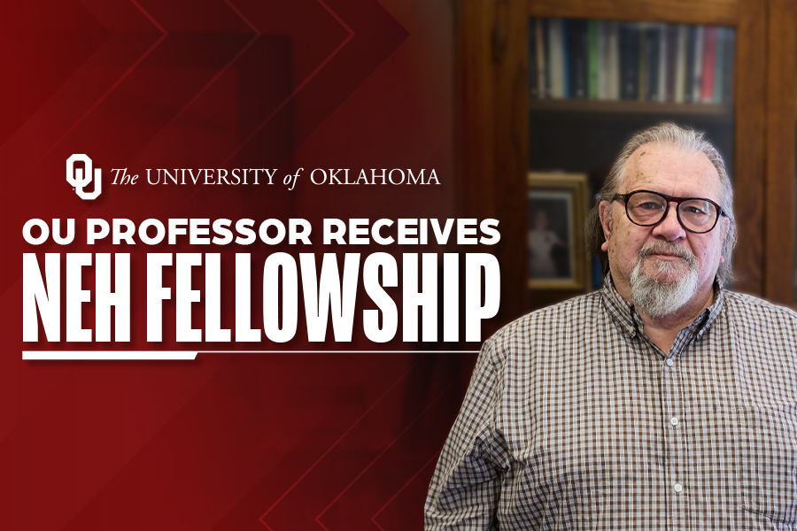 Man in front of bookshelf next to text reading "OU Professor Receives NEH Fellowship."