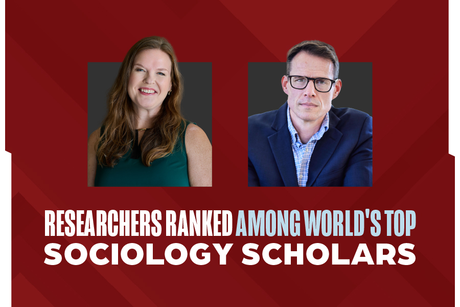 Graphic of Meredith Worthen and Samuel Perry above the text: "researchers ranked among world's top sociology scholars."