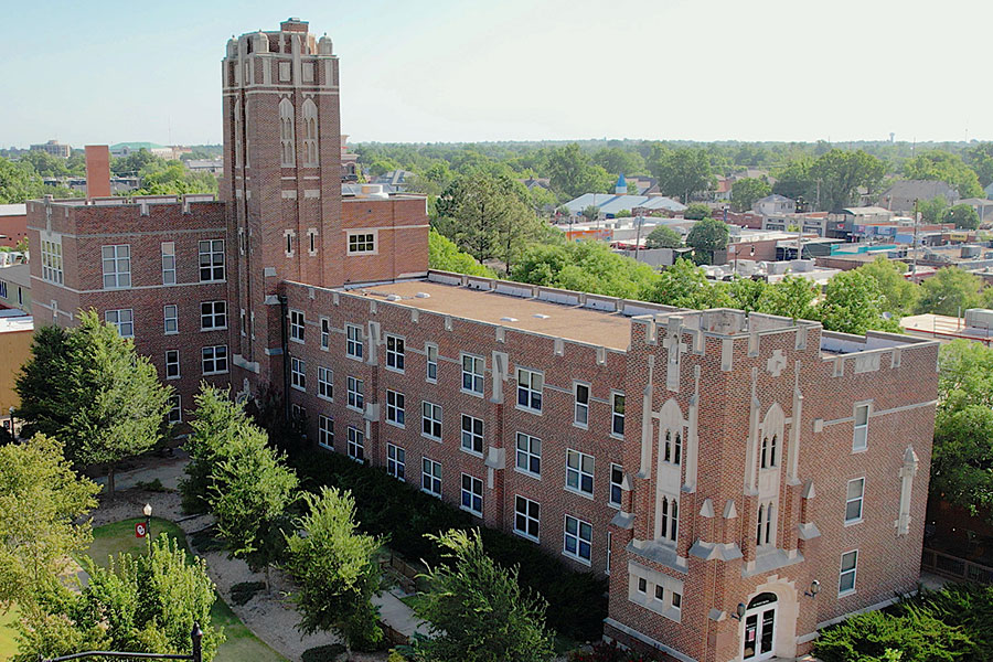 Bird's eye view photo of the University of Oklahoma's Whitehand Hall.