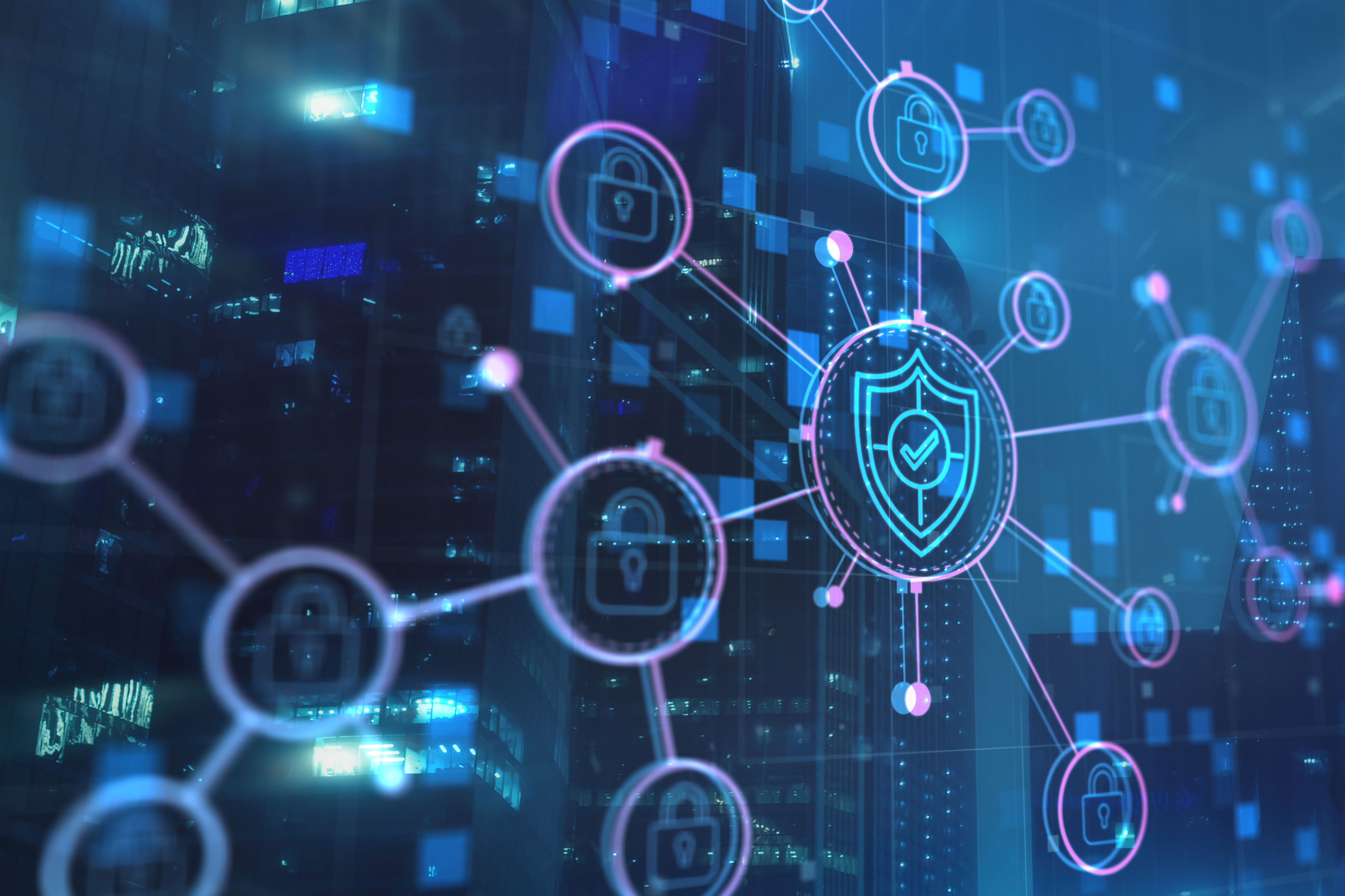 A blue screen covered in neon lines representing wireless signals.