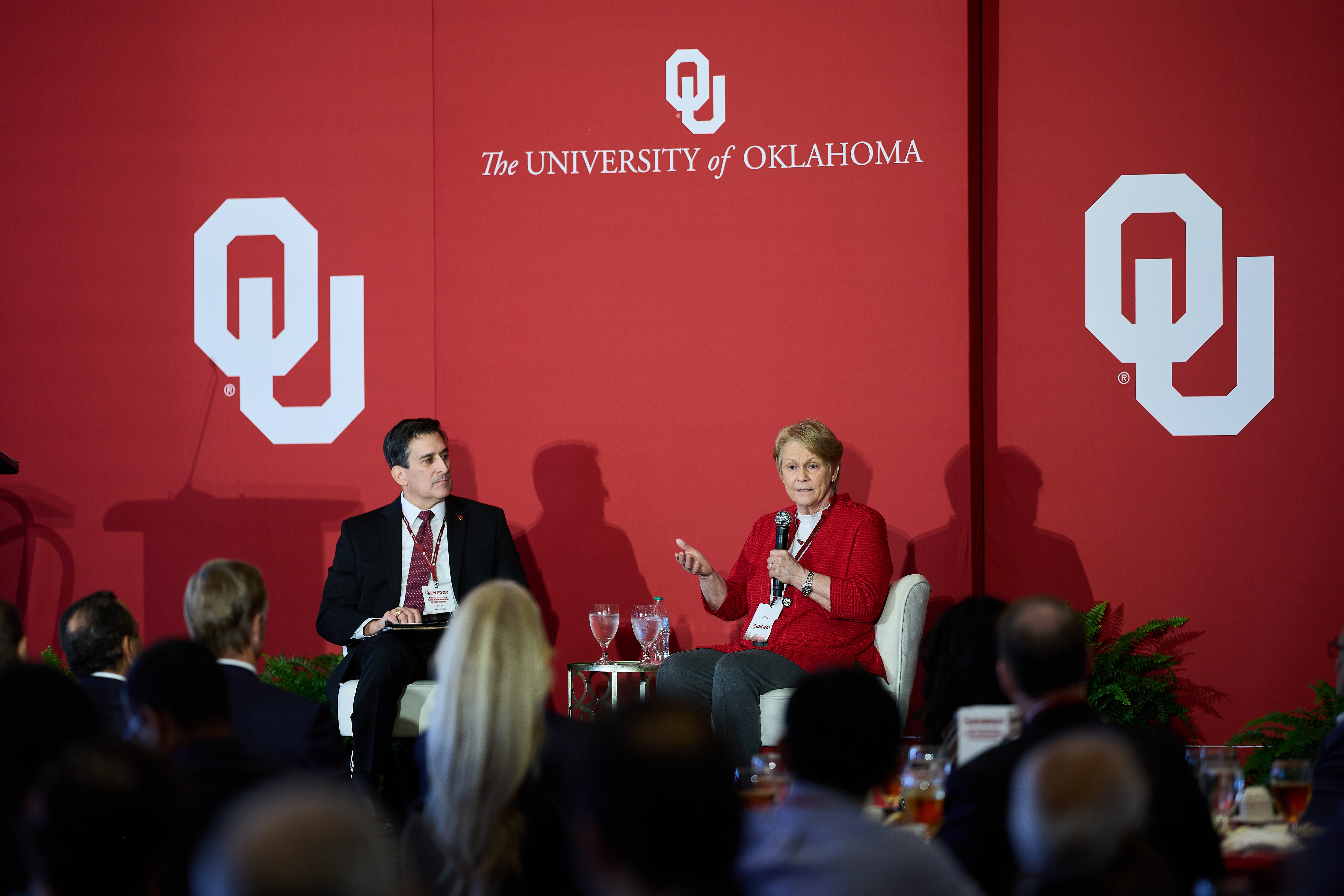 John Antonio and Vicki Hollub speaking during a fireside chat.