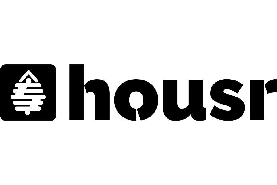 The housr logo: a black box on the left with a white graphic in the middle that resembles both a house and a dollar sign. To the right of that box is the word "Housr" in all lowercase.