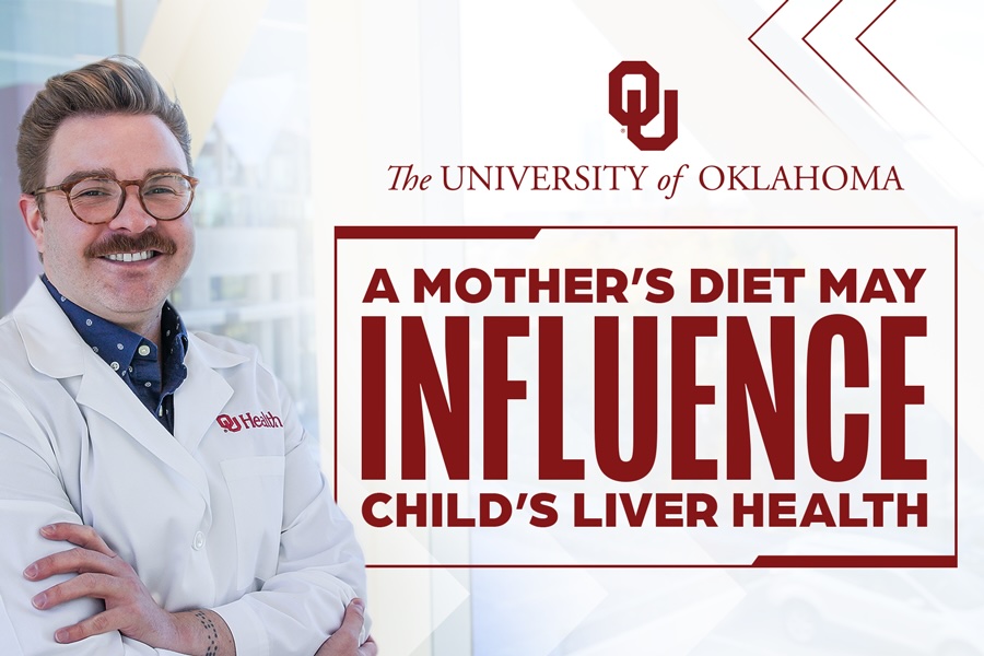 On the left side of the image is a photo of a man with glasses in a doctor's white coat with his arms crossed. To the right are the word's "a mother's diet may influence child's liver health."