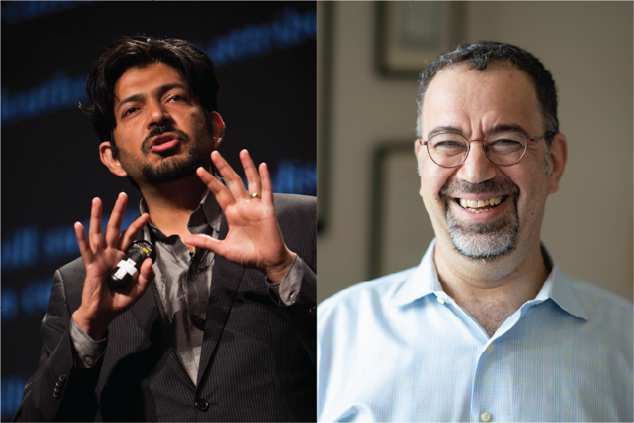 headshot images of Siddhartha Mukherjee and Daron Acemoglu.