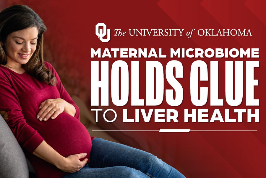 A picture of a pregnant woman in a red shirt with the words "maternal micobiome holds clue to liver health" next to it.