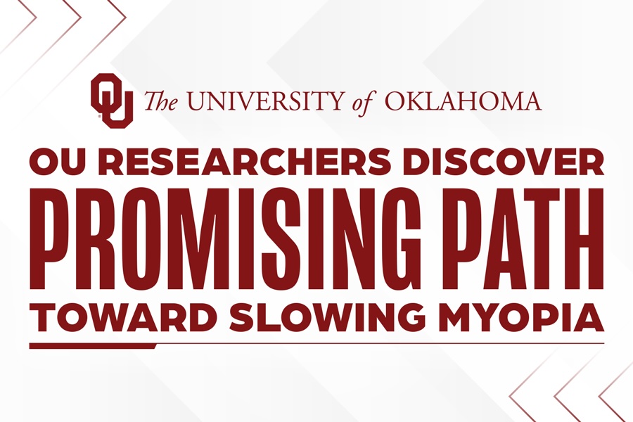 Graphic that reads "OU researchers discover promising path toward slowing myopia."