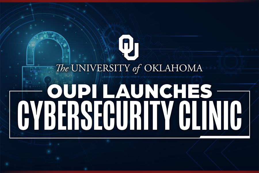 The words "OUPID launches cybersecurity clinic" over a dark blue background with a bright blue lock.