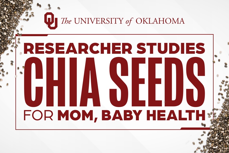 A graphic that reads "Researcher studies chia seeds for mom, baby health" in crimson on a white background. The image is framed by scattered chia seeds.