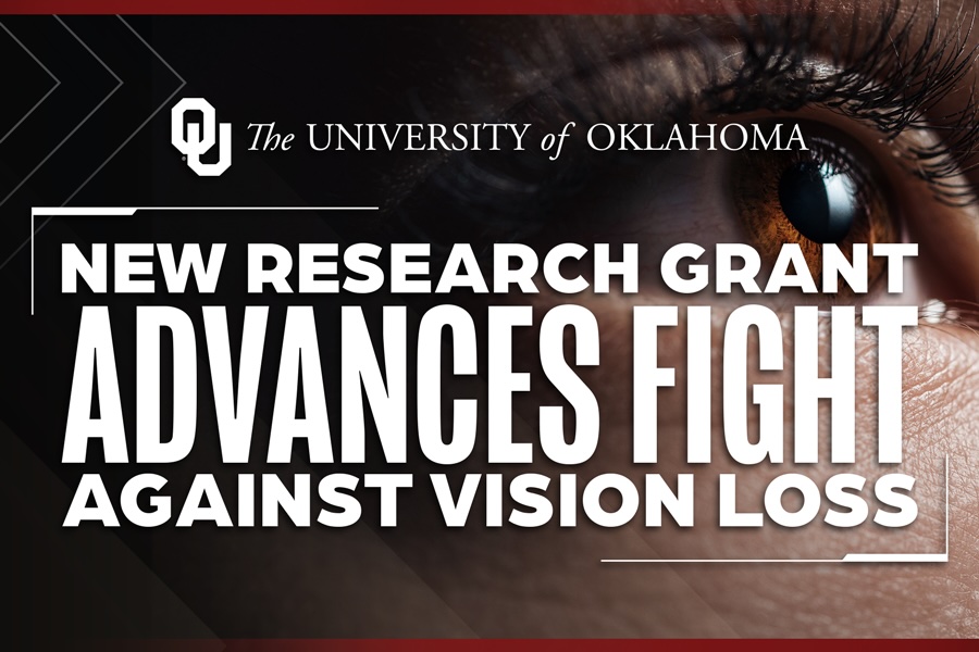 The words "new research grant advances fight against vision loss" over a close up of someone's eye in profile.