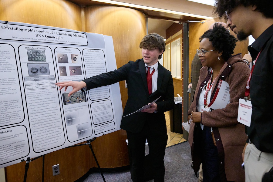 A student pointing at an academic poster.
