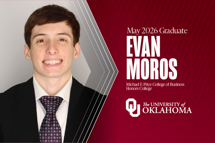 Graphic of man in suited identified as Evan Moros and text highlighting his May 2026 graduation