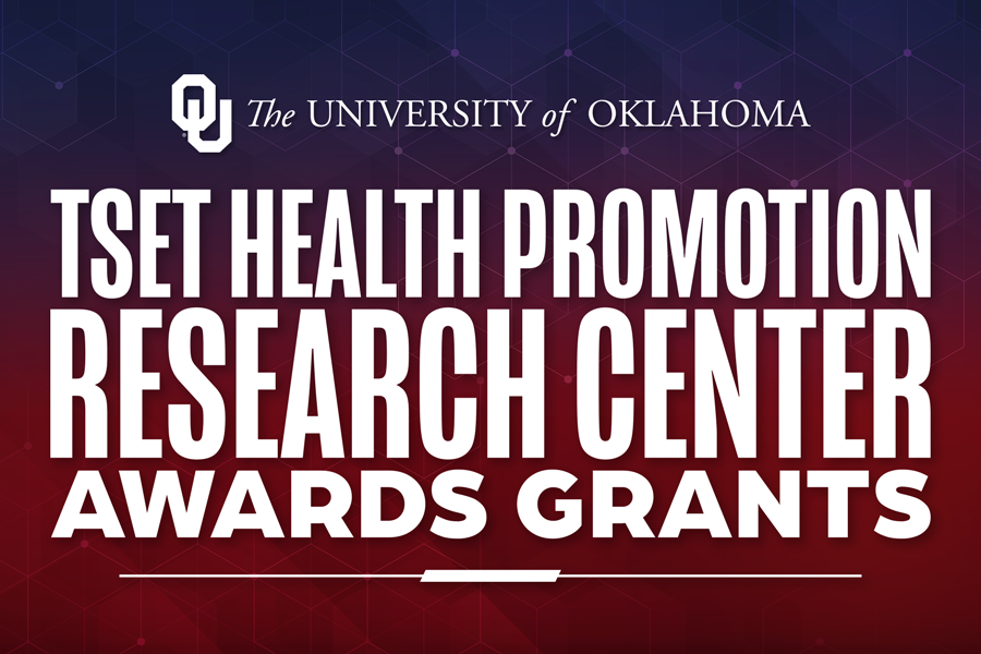 Over a blue to red gradient background, the white words "TSET health promotions research center awards grants."